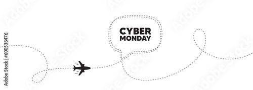 Cyber Monday Sale tag. Plane travel path line banner. Special offer price sign. Advertising Discounts symbol. Cyber monday speech bubble message. Plane location route. Dashed line. Vector