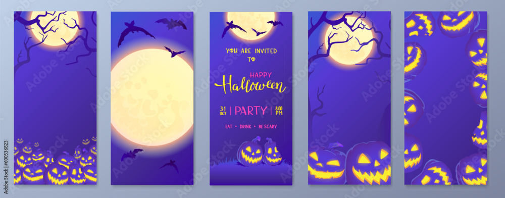 Happy Halloween stories template for phone. Business card with pumpkins, bats and moon story. Social media pack vector.