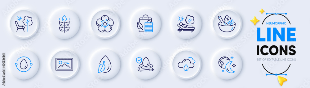 Deckchair, Gluten free and Water drop line icons for web app. Pack of Lounger, Flood insurance, Rainy weather pictogram icons. Salad, Sleep, Bio shopping signs. Cold-pressed oil. Vector Deckchair, Gluten free and Water drop line icons for web app. Pack of Lounger, Flood insurance, Rainy weather pictogram icons. Salad, Sleep, Bio shopping signs. Cold-pressed oil. Vector