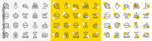 Outline Holidays shopping, Justice scales and Money bag line icons pack for web with Typewriter, Hold heart, Dice line icon. Time hourglass, Brush, Honeymoon cruise pictogram icon. Vector