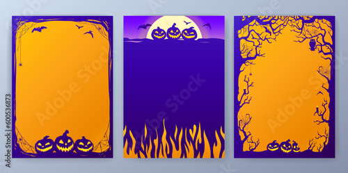 Happy Halloween poster background. Business card with halloween story, pumpkins, bats and moon. Vector Invitation template. Orange and violet colors.