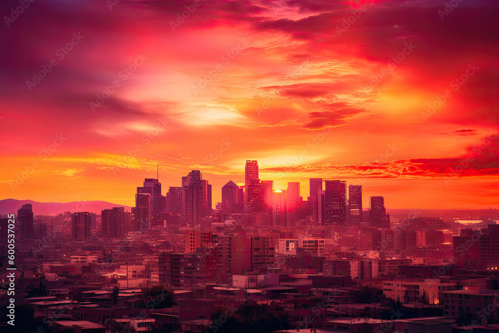 Obraz premium Sunset over a city, Generative AI