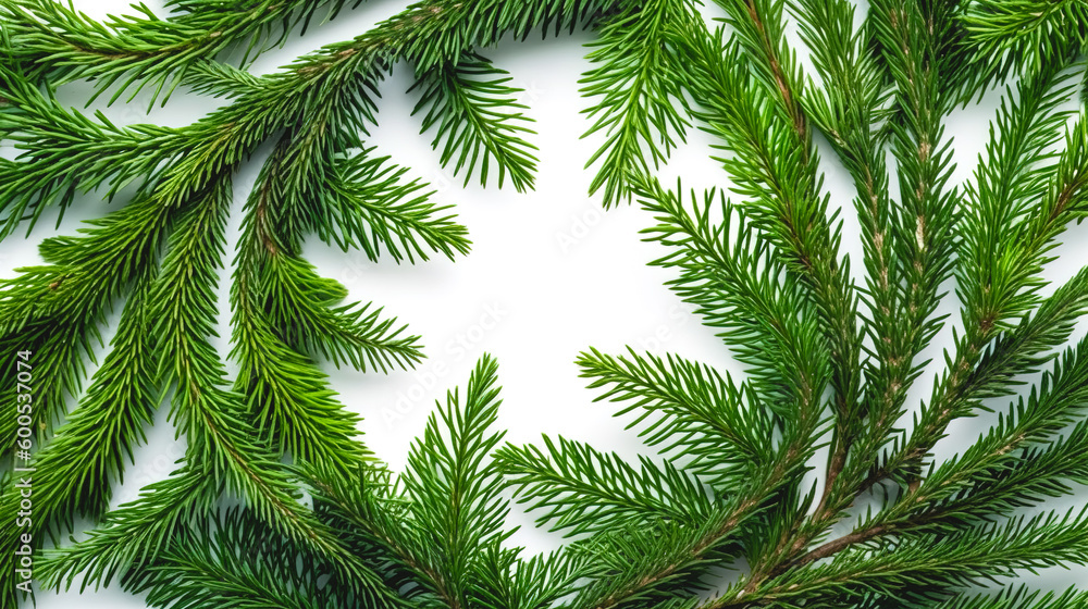 Christmas tree branches on a white background, generative AI.