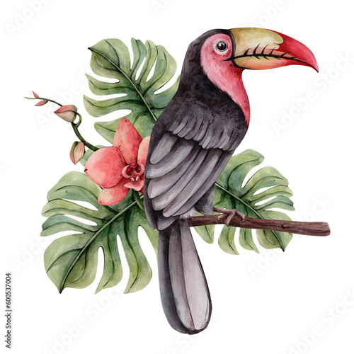 Hand Drawn Watercolor Tropical Clipart. Tropic Toucan Bird with Flowers Botanical Illustration. Sublimation Perfect for printing. Palm, Monstera Leaves, Orchid Flower Tropical Composition