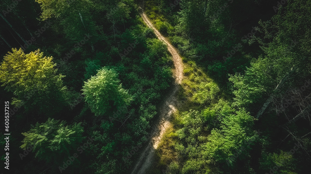 Forest road in a green misty forest, generative AI. Forest road in a green misty forest, generative AI.