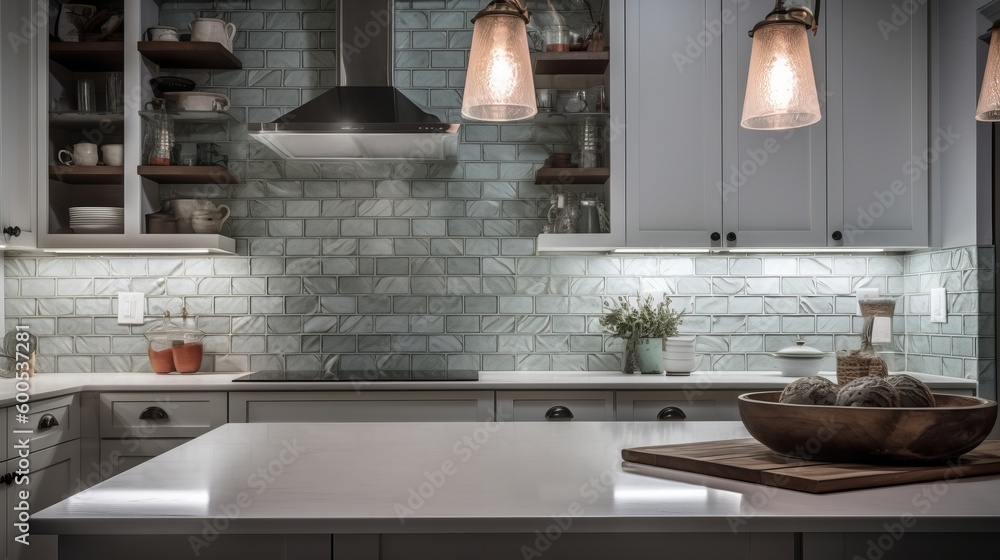 Tiled backsplash in the kitchen with subtle texture. AI generated Stock ...