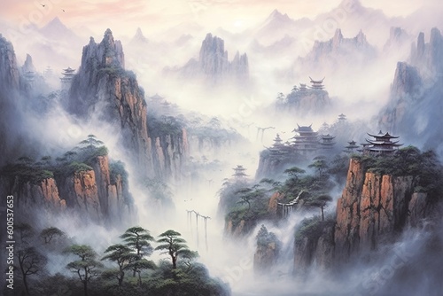 Mountain landscape in Chinese style. Print for your decor and design. Generative AI.