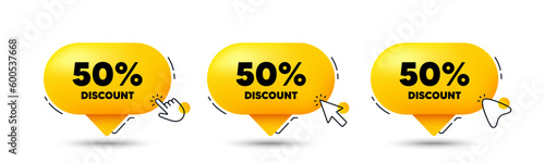 50 percent discount tag. Click here buttons. Sale offer price sign. Special offer symbol. Discount speech bubble chat message. Talk box infographics. Vector