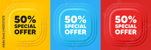 50 percent discount offer tag. Neumorphic offer banners. Sale price promo sign. Special offer symbol. Discount podium background. Product infographics. Vector