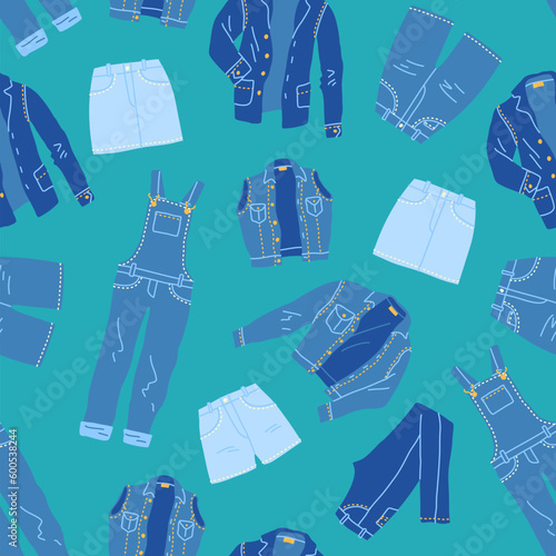 Vector jeans apparel seamless pattern. Denim clothing jeans skirts vest jackets and coat overalls pattern background.