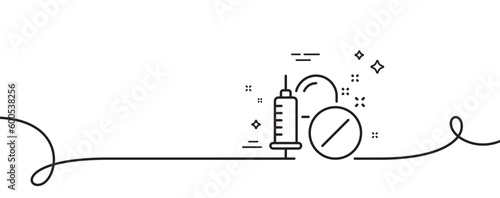 Medical drugs line icon. Continuous one line with curl. Medicine syringe sign. Pharmacy medication symbol. Medical drugs single outline ribbon. Loop curve pattern. Vector