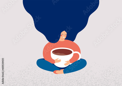 Young woman embraces a big cup of coffee with enjoyment. Smiling girl sits in lotus pose with closed eyes and holds mug of cacao. Body positive and healthy eating habits concept. Vector illustration