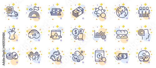 Outline set of Selenium mineral, Swipe up and Lgbt line icons for web app. Include Online question, Operational excellence, Integrity pictogram icons. Burger, Safe water, Money currency signs. Vector