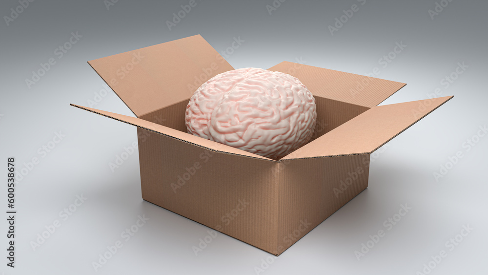 Thinking outside the box - concept shot. A human brain in an open box. Creativity, innovation, inspiration concepts. - obrazy, fototapety, plakaty 