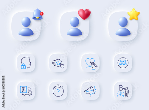 Social care, Hold heart and Quiz line icons. Placeholder with 3d bell, star, heart. Pack of Fake news, Truck parking, Unlock system icon. Bitcoin project, Dog leash pictogram. Vector