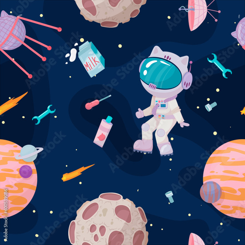 Cosmonaut in outer space. UFOs, spaceships, rockets. Solar system, intergalactic travel. Galaxies, planets, asteroids, comets, shooting stars. Vector illustration in cartoon style on  background.