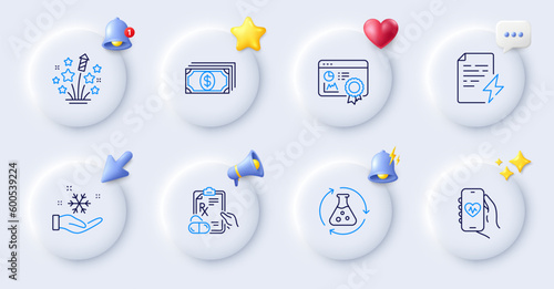 Chemistry experiment, Seo certificate and Prescription drugs line icons. Buttons with 3d bell, chat speech, cursor. Pack of Freezing, Power certificate, Fireworks stars icon. Vector