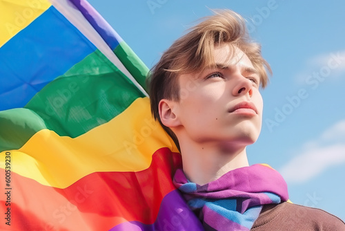 A young man holding a rainbow colored flag created with Generative AI technology