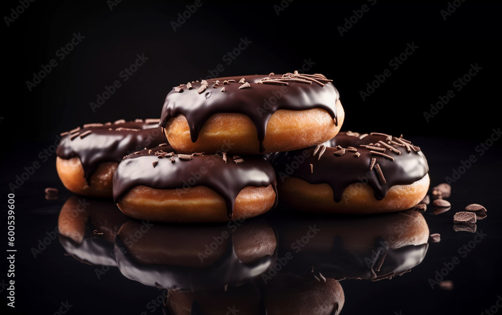 Donuts with chocolate shavings and glaze on black background, Generative AI Donuts with chocolate shavings and glaze on black background, Generative AI