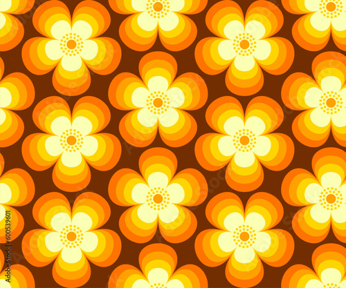 Retro floral, Mid Century modern flowers in orange, yellow, brown colors, 1970s mod style, seamless vector pattern