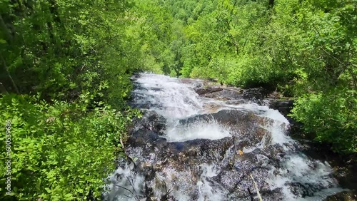 tilt footage of a gorgeous spring landscape with lush green trees and plants and a flowing waterfall with large rocks at Amicalola Falls State Park in Dawsonville Georgia USA photo