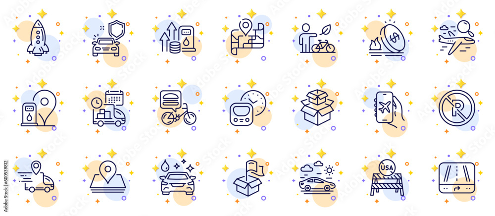 Outline set of Car travel, Flight mode and Petrol station line icons for web app. Include Search flight, Pin, Packing boxes pictogram icons. No parking, Metro, Gps signs. Gas price. Vector Outline set of Car travel, Flight mode and Petrol station line icons for web app. Include Search flight, Pin, Packing boxes pictogram icons. No parking, Metro, Gps signs. Gas price. Vector