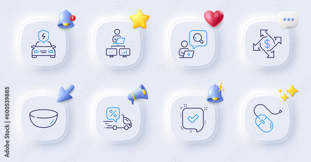 Inspect, Computer mouse and Work home line icons. Buttons with 3d bell, chat speech, cursor. Pack of Bowl dish, Delivery discount, Confirmed icon. Car charging, Payment exchange pictogram. Vector Inspect, Computer mouse and Work home line icons. Buttons with 3d bell, chat speech, cursor. Pack of Bowl dish, Delivery discount, Confirmed icon. Car charging, Payment exchange pictogram. Vector
