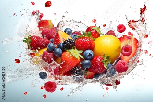 Summer fruits, red fruits, splash of water, red fruits splashing in water, organic food red fruits, healthy fruits