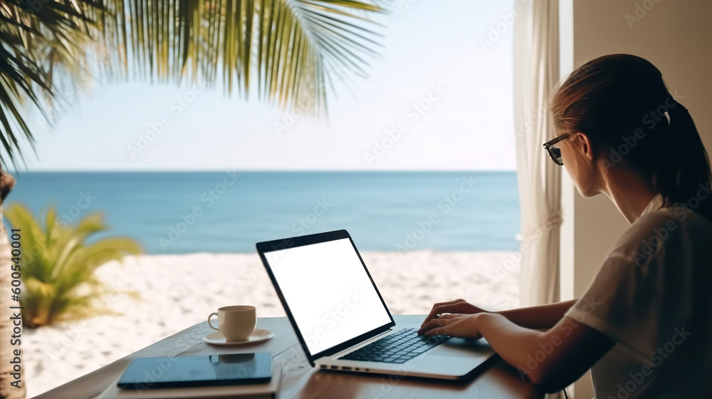 Young woman using laptop with a cut out screen at sea resort. Remote work and business in palm paradise. Online purchase of air tickets and hotels. Copy space. Based on Generative AI