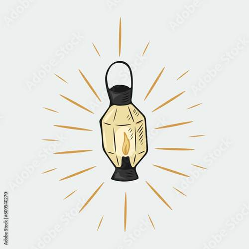 Hand-drawn doodle-style lantern with beams of light emanating from it vector illustration