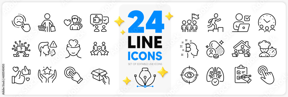 Icons set of Teamwork question, Dislike and Man love line icons pack for app with Like, Touchscreen gesture, Mental health thin outline icon. Ranking, Meeting time, Online voting pictogram. Vector