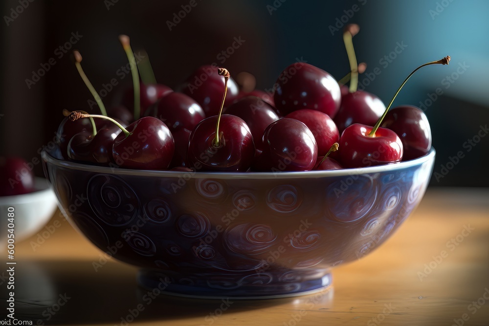 Large ripe juicy tasty cherries in a ceramic bowl on a dark background made with generative AI Large ripe juicy tasty cherries in a ceramic bowl on a dark background made with generative AI