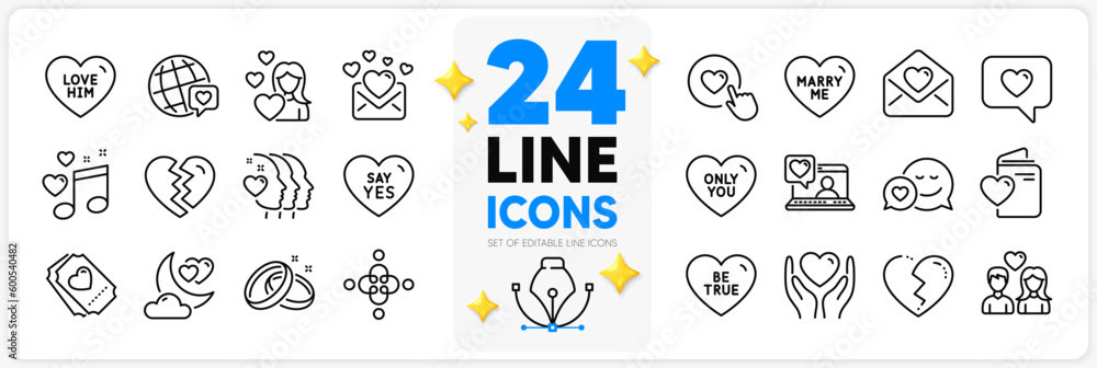 Obraz Icons set of Dating, Say yes and Friends couple line icons pack for app with World brand, Love, Friends chat thin outline icon. Hold heart, Like button, Love him pictogram. Wedding rings. Vector fototapeta, plakat