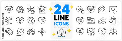Fotografiet Icons set of Dating, Say yes and Friends couple line icons pack for app with World brand, Love, Friends chat thin outline icon