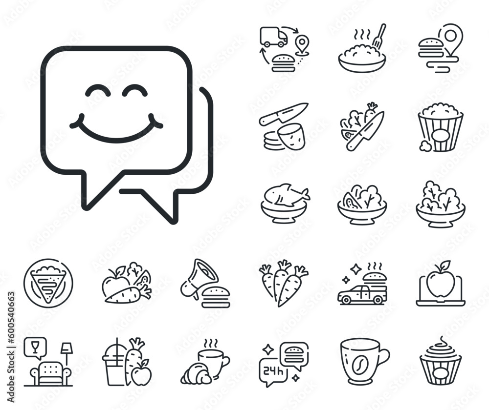 Happy emoticon chat sign. Crepe, sweet popcorn and salad outline icons. Smile face line icon. Speech bubble symbol. Smile face line sign. Pasta spaghetti, fresh juice icon. Supply chain. Vector