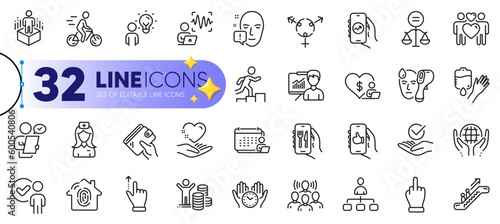 Outline set of Face attention, Hospital nurse and Group people line icons for web with Fingerprint access, Leader run, Augmented reality thin icon. Like app, Voice wave. Vector