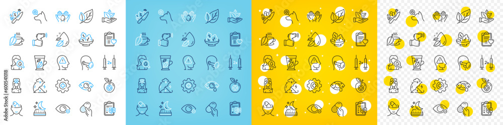 Vector icons set of Water drop, Mattress and Moisturizing cream line icons pack for web with Mint tea, Medical mask, Patient history outline icon. Conjunctivitis eye, Eye checklist. Vector Vector icons set of Water drop, Mattress and Moisturizing cream line icons pack for web with Mint tea, Medical mask, Patient history outline icon. Conjunctivitis eye, Eye checklist. Vector
