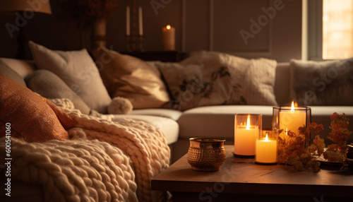 Cozy bedroom with burning candle for romance generated by AI