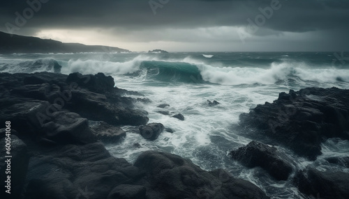 Breaking waves crash against rocky coastline at dusk generated by AI © djvstock