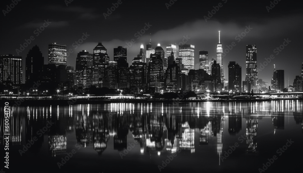 Obraz premium Illuminated skyscrapers reflect on dark waterfront water generated by AI