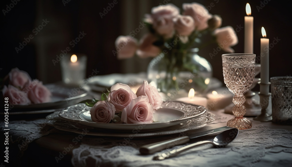Elegant table decor with candlelight and flowers generated by AI