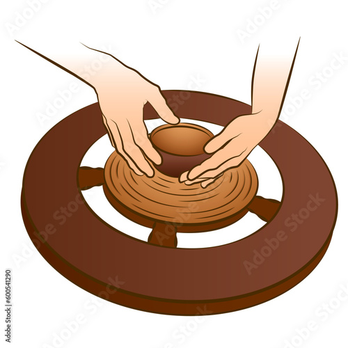 Ceramic bowl pottery work outline vector illustration. Ceramist hands maing cup of clay. Traditional pottery handigraft, hobby. Wooden ceramic wheel. 