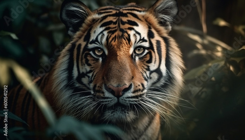 Majestic tiger cub staring, beauty in nature generated by AI