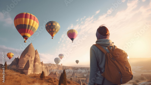 A magnificent view of nature in Cappadocia. Flying balloons and natural rock landscape. Created with Generative AI technology. 