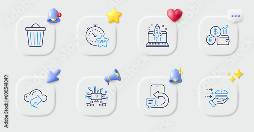 Trash bin, Start business and Food delivery line icons. Buttons with 3d bell, chat speech, cursor. Pack of Vip timer, Phone message, Cloud share icon. Vector