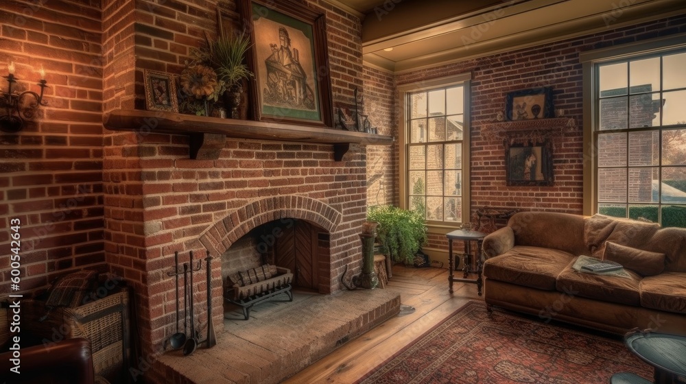 Rustic exposed brick fireplace surround. AI generated Rustic exposed brick fireplace surround. AI generated