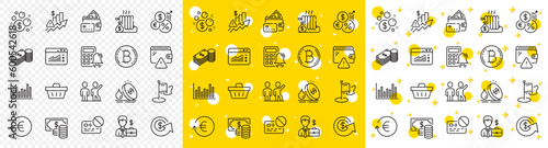Outline Card, Coins banknote and Calculator alarm line icons pack for web with Dollar exchange, Bitcoin, Exchange currency line icon. Bar diagram, Fuel price, Money pictogram icon. Vector
