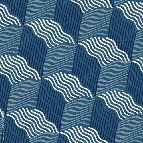 Nautical Blue and Beige Variegated Striped Textured Cubes Pattern