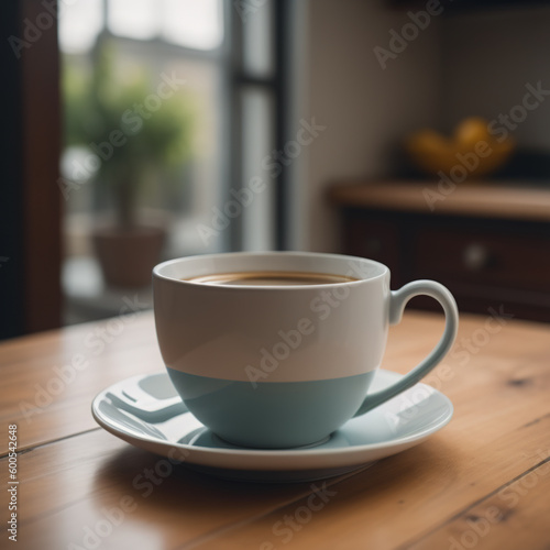 Cup of coffee on kitchen table. Generative AI