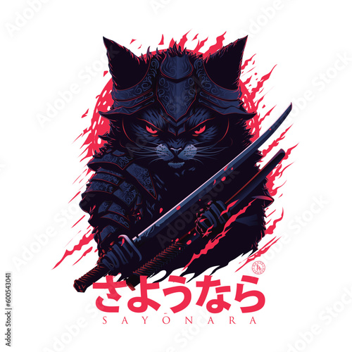 Cat samurai with katana poster, sayonara, cute and fierce